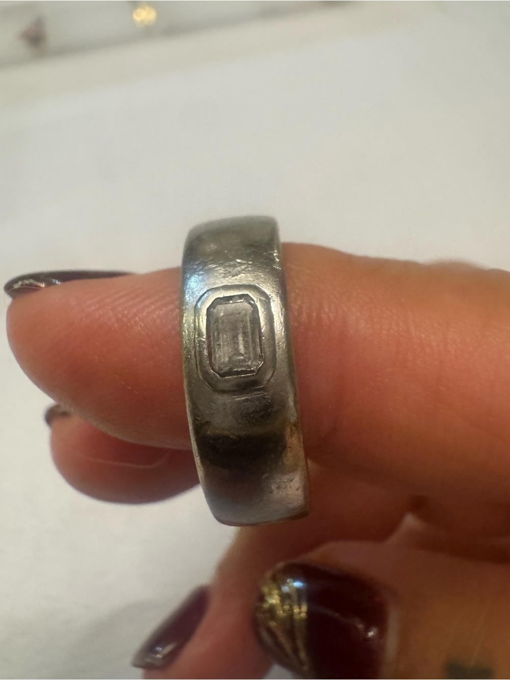 Men's Silver-Tone Band Ring with Rectangular Accent